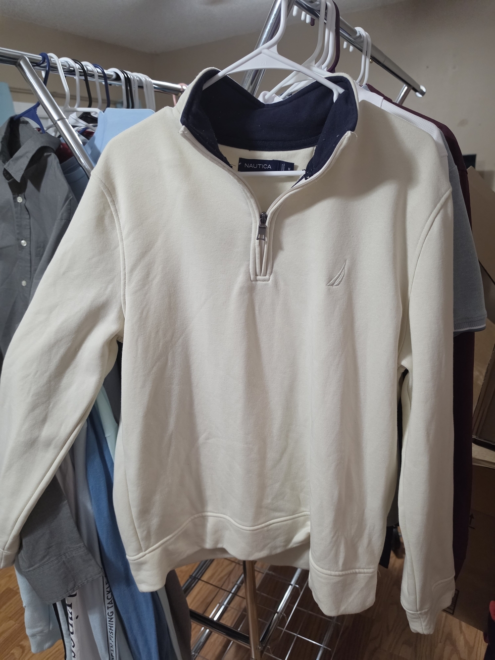 Nautica Men’s Cream Half-Zip Pullover with Navy Trim